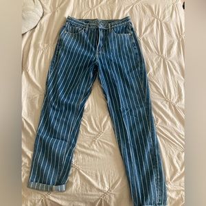 blue and white pinstripe mom jeans